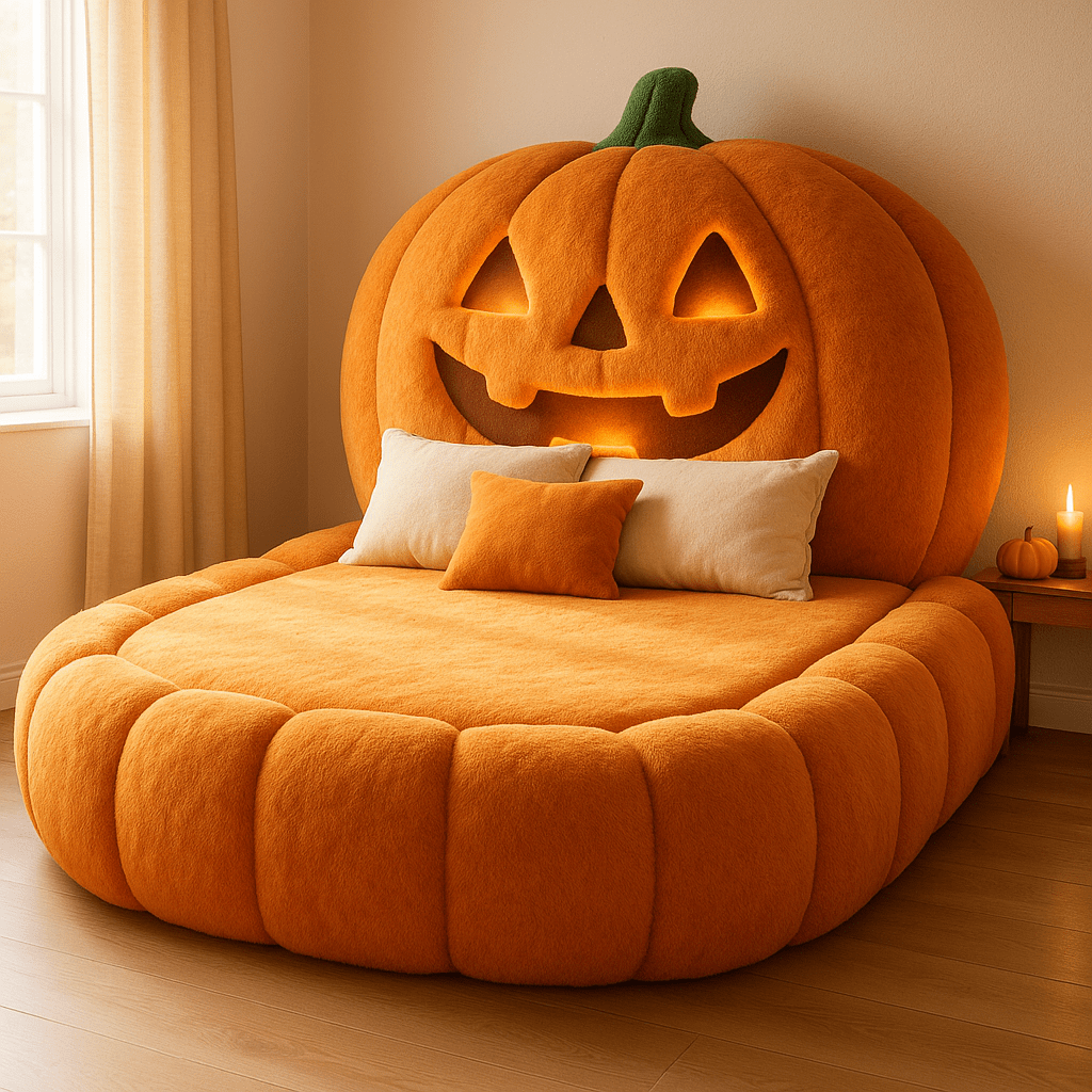  Halloween beds: Plush orange pumpkin-shaped bed with smiling carved face and warm lighting