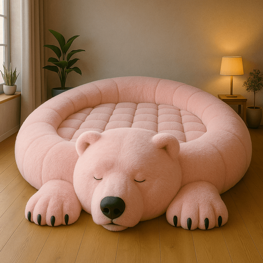 Soft pink polar bear-shaped bed with cosy faux-fur design in a warm modern setting.
