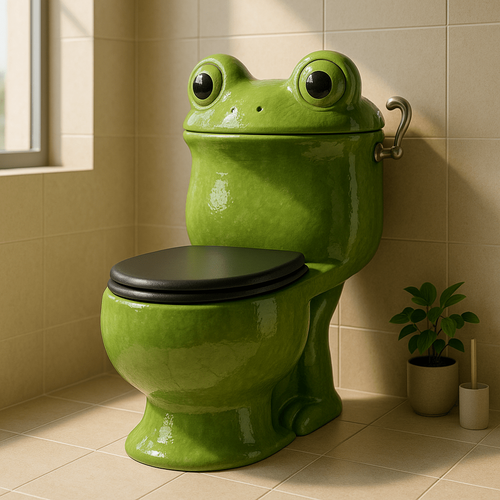 Glossy green frog-shaped toilet in neutral bathroom setting with plant accessory
