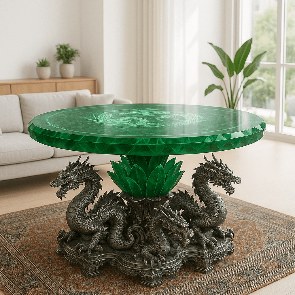 Green  table with detailed sculpted dragon base and glowing emerald tabletop on patterned rug
