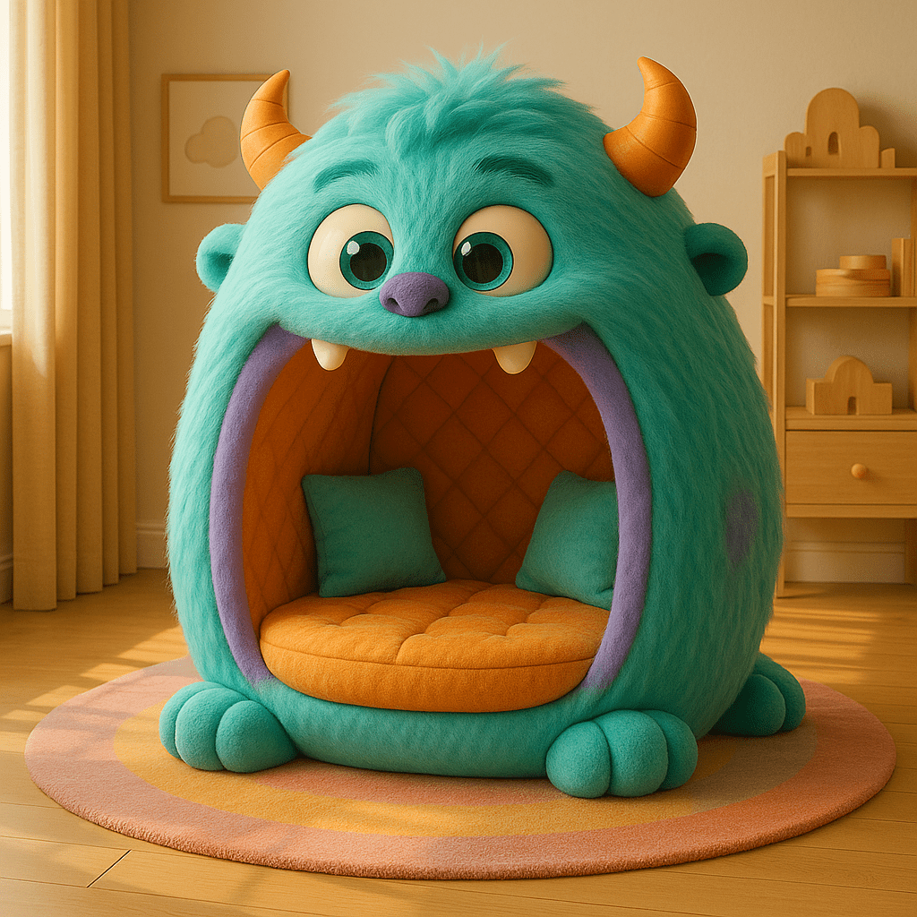 Large turquoise chair with orange cushions and lilac accents in a child’s bedroom