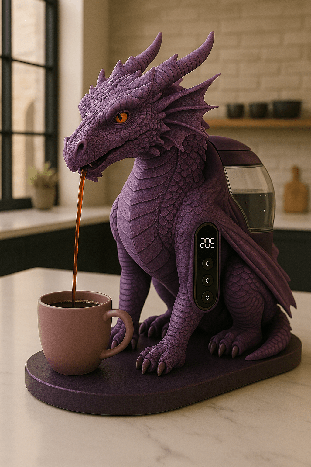 Purple dragon coffee machine with detailed scales and wings pouring coffee into a purple mug