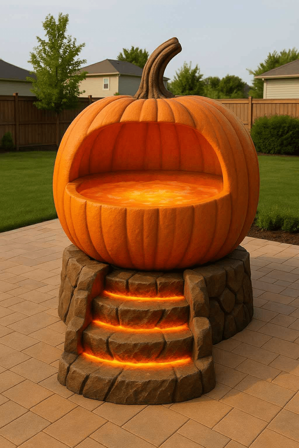 Halloween-themed pumpkin-shaped hot tub with glowing orange water and illuminated stone steps in a garden setting.