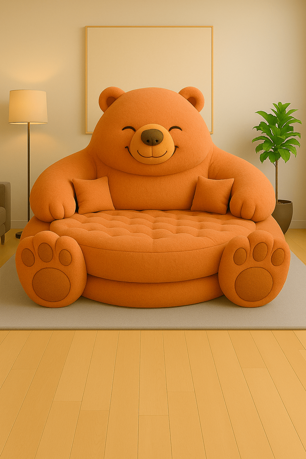 Bright orange bear-shaped sofa with soft cushions and smiling face in a warm modern interior