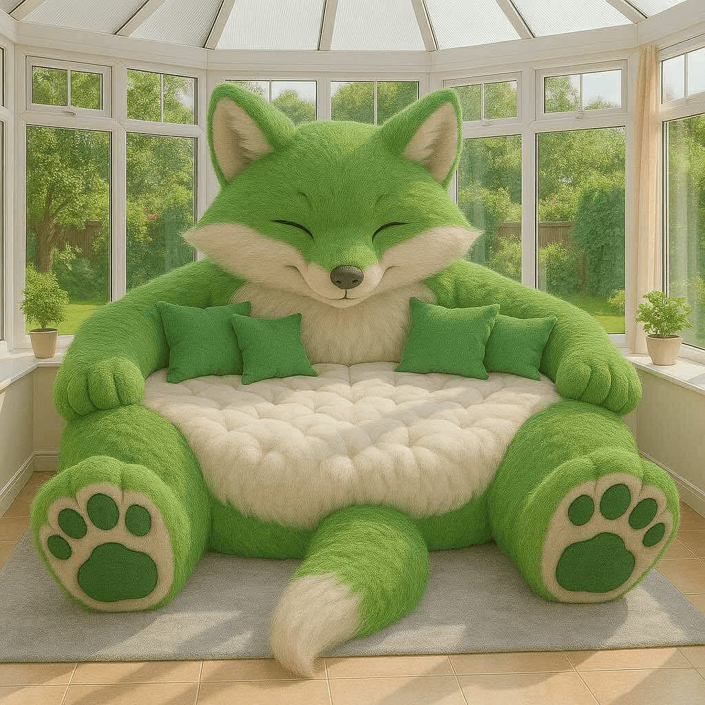 Cosy green fox-shaped sofa with cushions surrounded by plants and sunlight