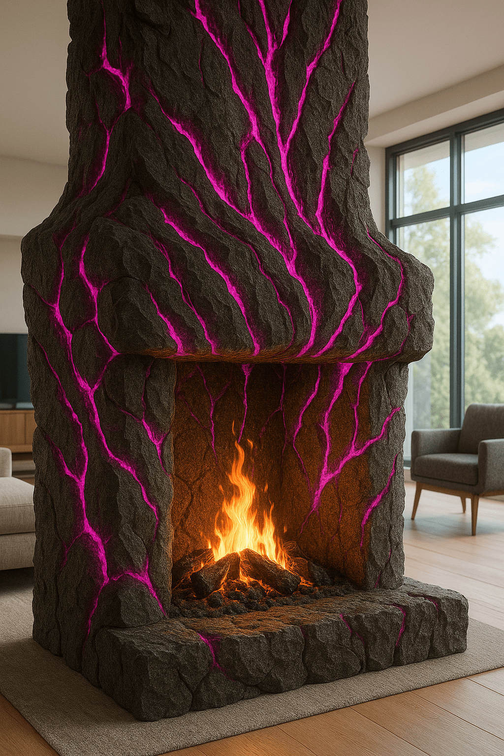 A striking lava-style fireplace with glowing pink veins set in a spacious modern home interior.