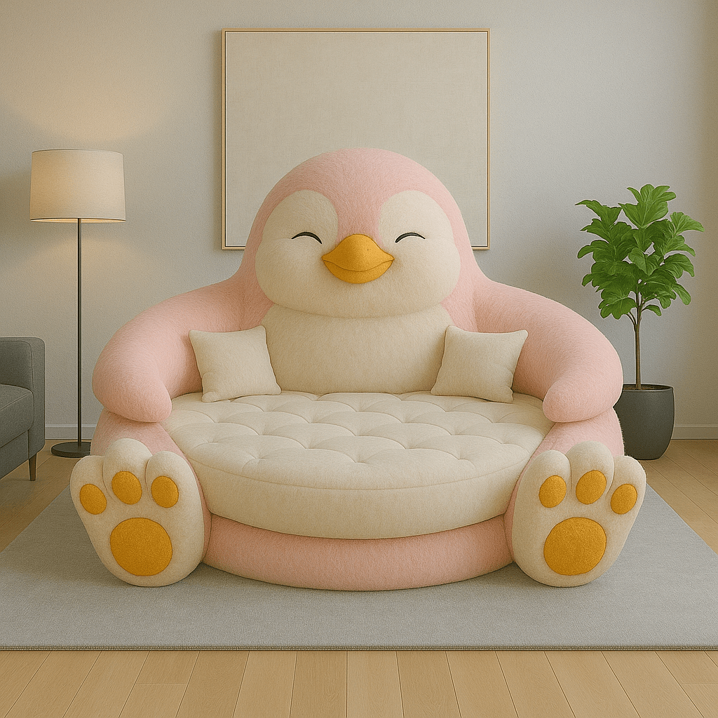 : A pastel pink and cream penguin-shaped sofa in a bright modern room with cosy, minimal furnishings.