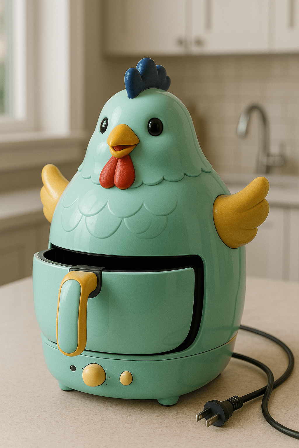 Light green chicken-shaped air fryer with yellow wings and a blue comb on a kitchen counter.