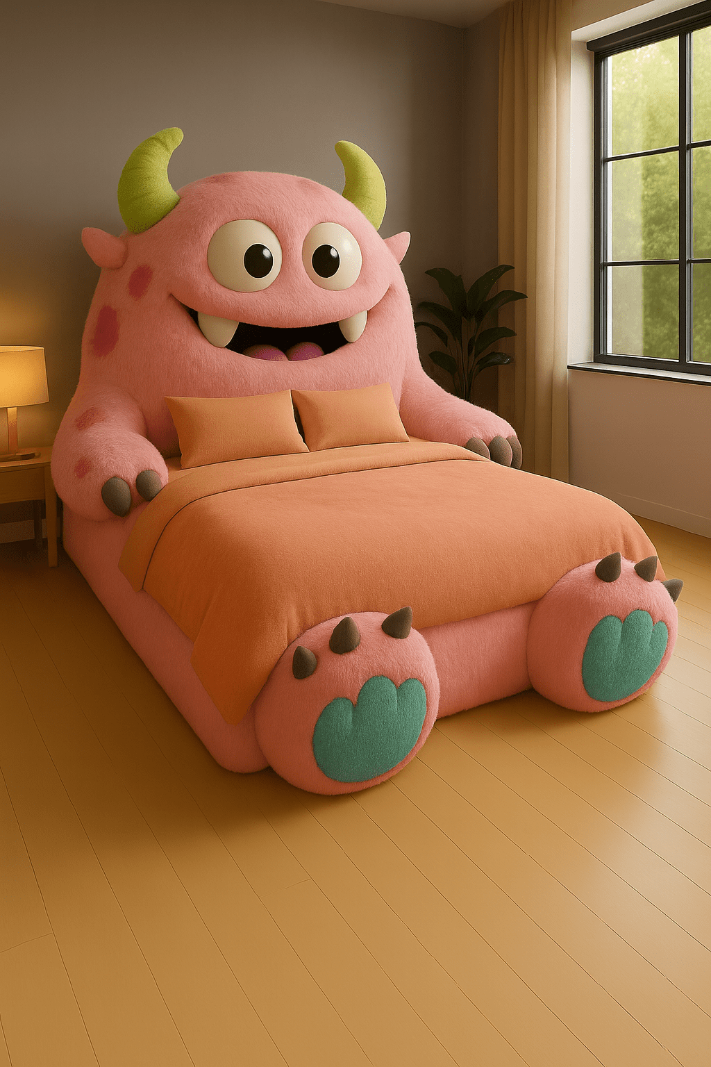 Pink monster bed with orange bedding and green paw details in cosy room