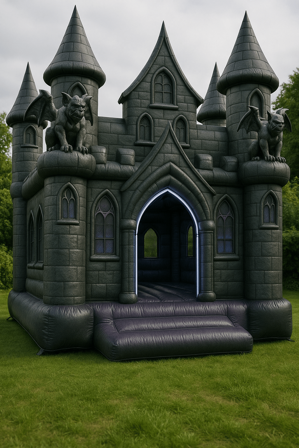 A gothic Halloween bouncy castle shaped like a medieval castle with gargoyles.
