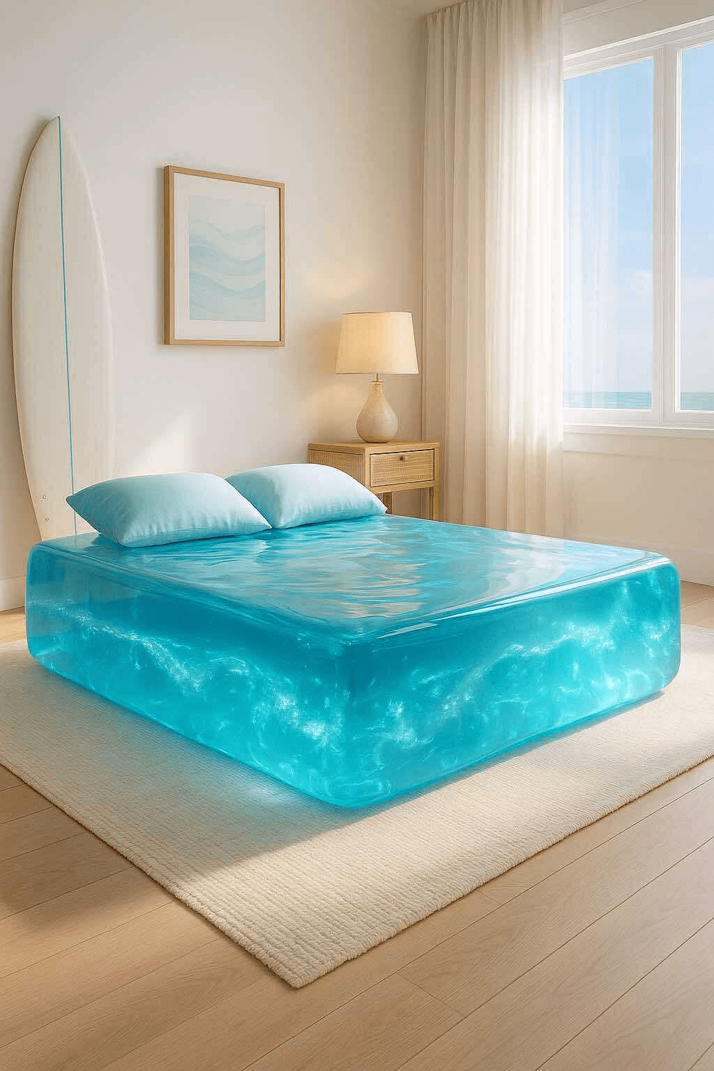 Aqua-toned glowing jelly bed in a coastal bedroom with surfboard décor and light wood accents.