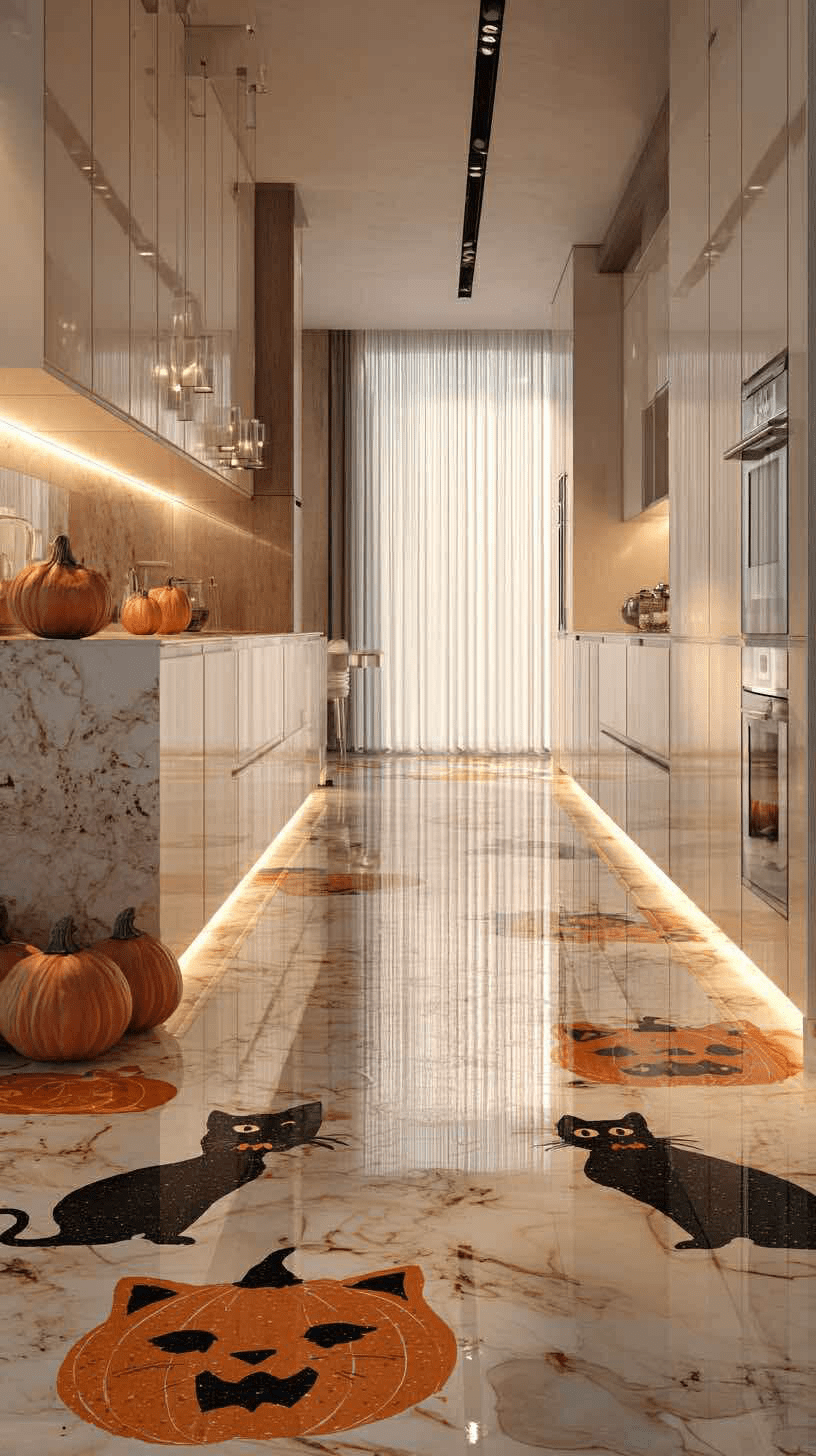 Polished marble floor with Halloween pumpkin and black cat designs in a modern kitchen