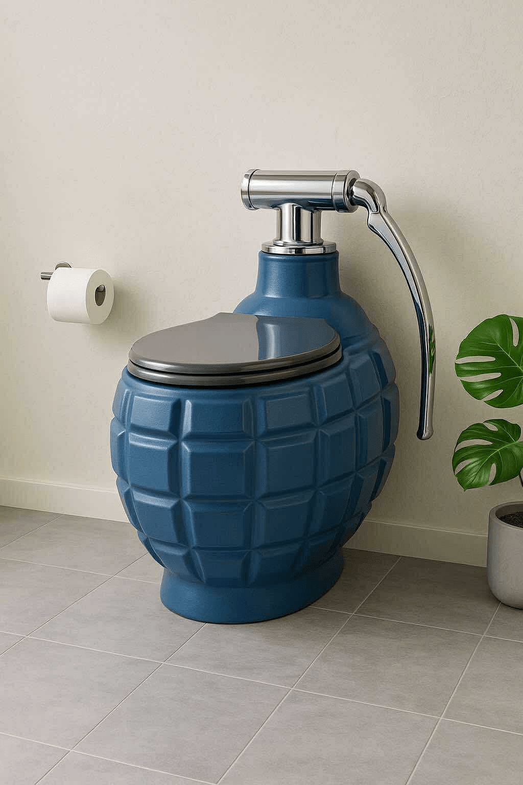 A blue grenade-style toilet with metallic chrome flush handle in a sleek tiled bathroom with a green plant.