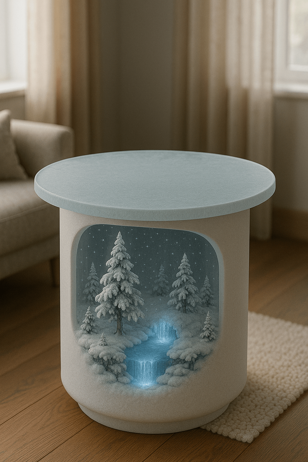 Table design showing a frozen waterfall and snow-laden pine trees illuminated in soft blue light beneath frosted glass.