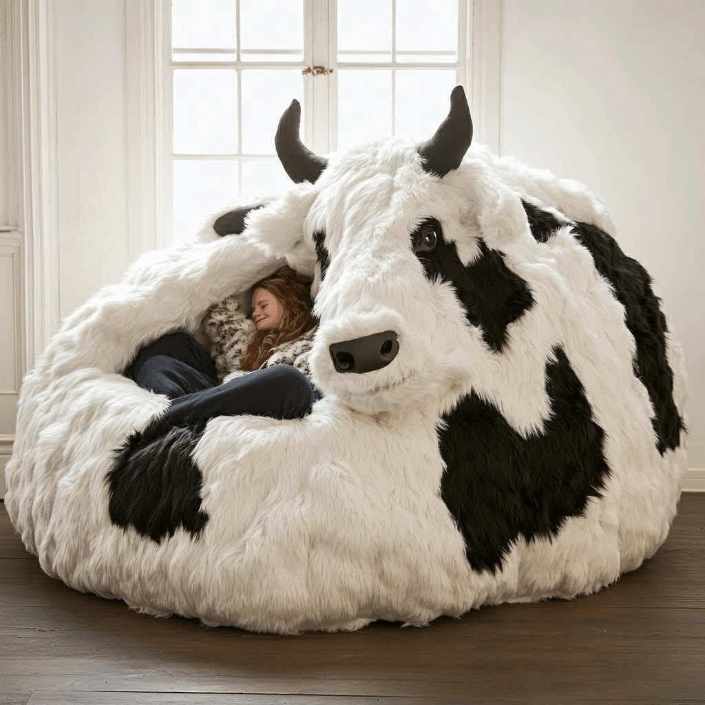 Oversized black and white cow-shaped sofa with plush faux fur and person resting inside