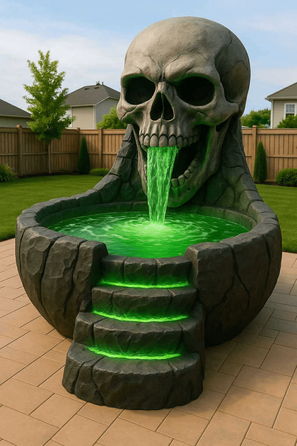 Giant skull-themed hot tub with neon-green waterfall and illuminated stone steps in a spooky garden.