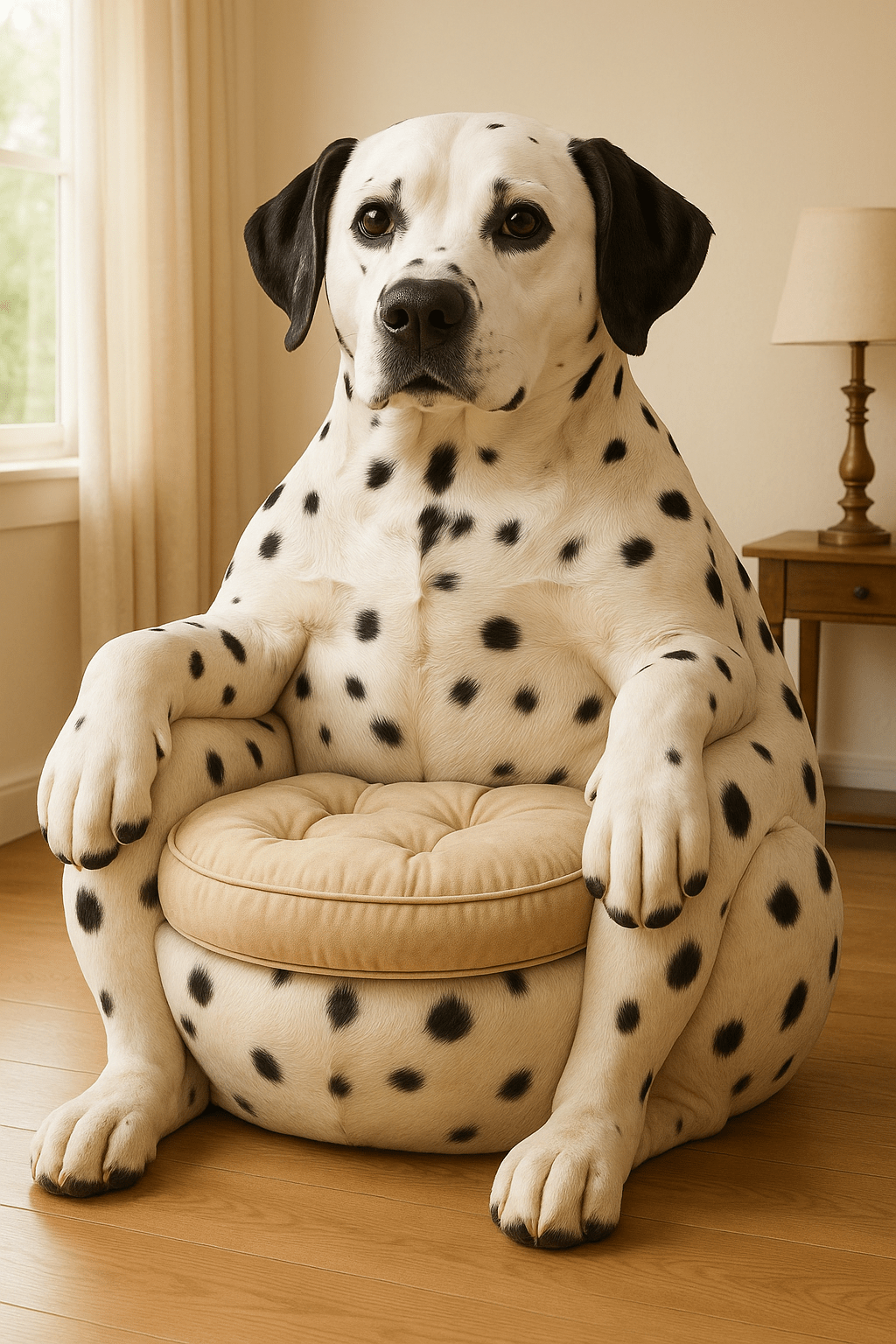 Dog-Shaped Armchairs: Dalmatian-inspired spotted armchair with beige cushion in modern minimalist setting