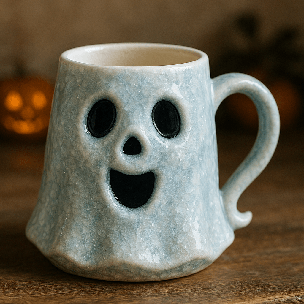 Pale blue ghost with smiling face and Halloween background