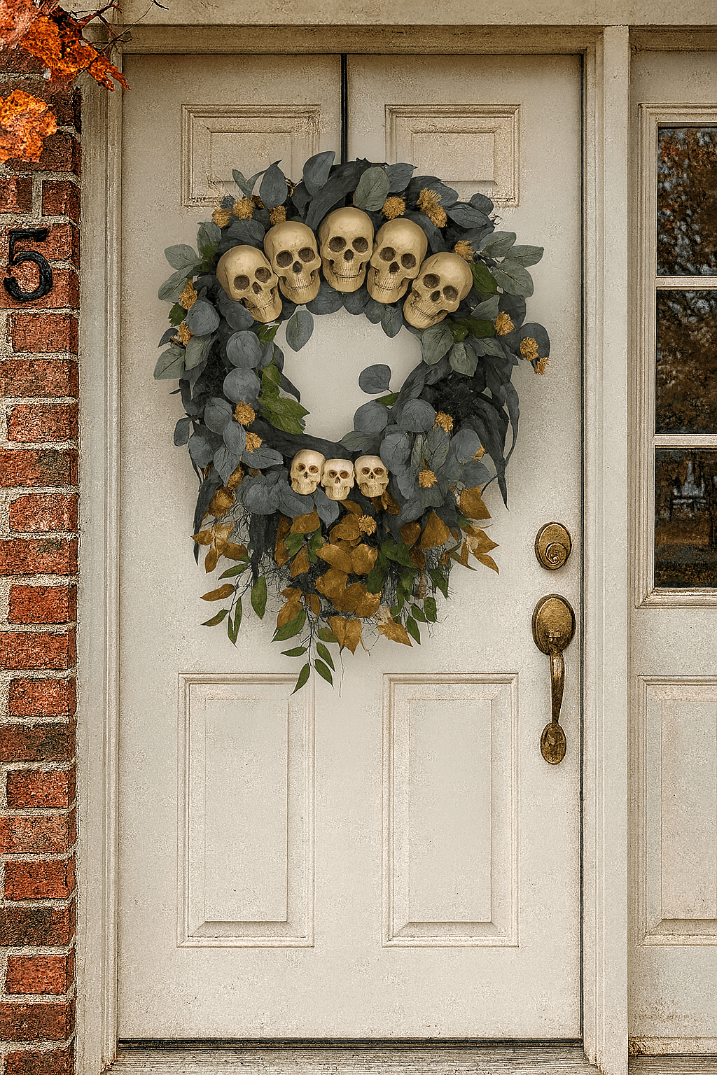 Halloween wreath made from skulls and dark foliage on a cream-coloured front door.
