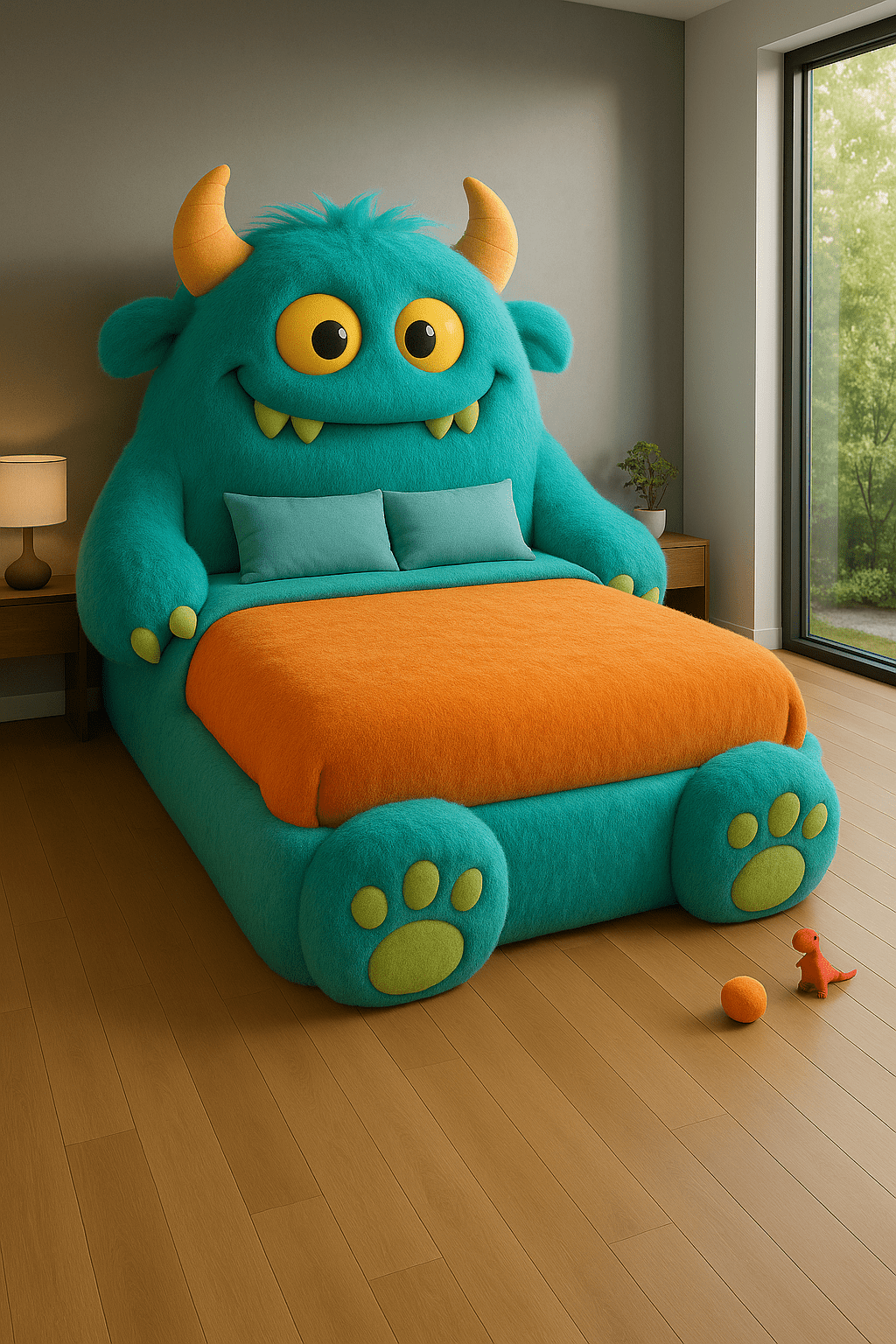 Teal furry monster bed with yellow horns and orange blanket in natural light