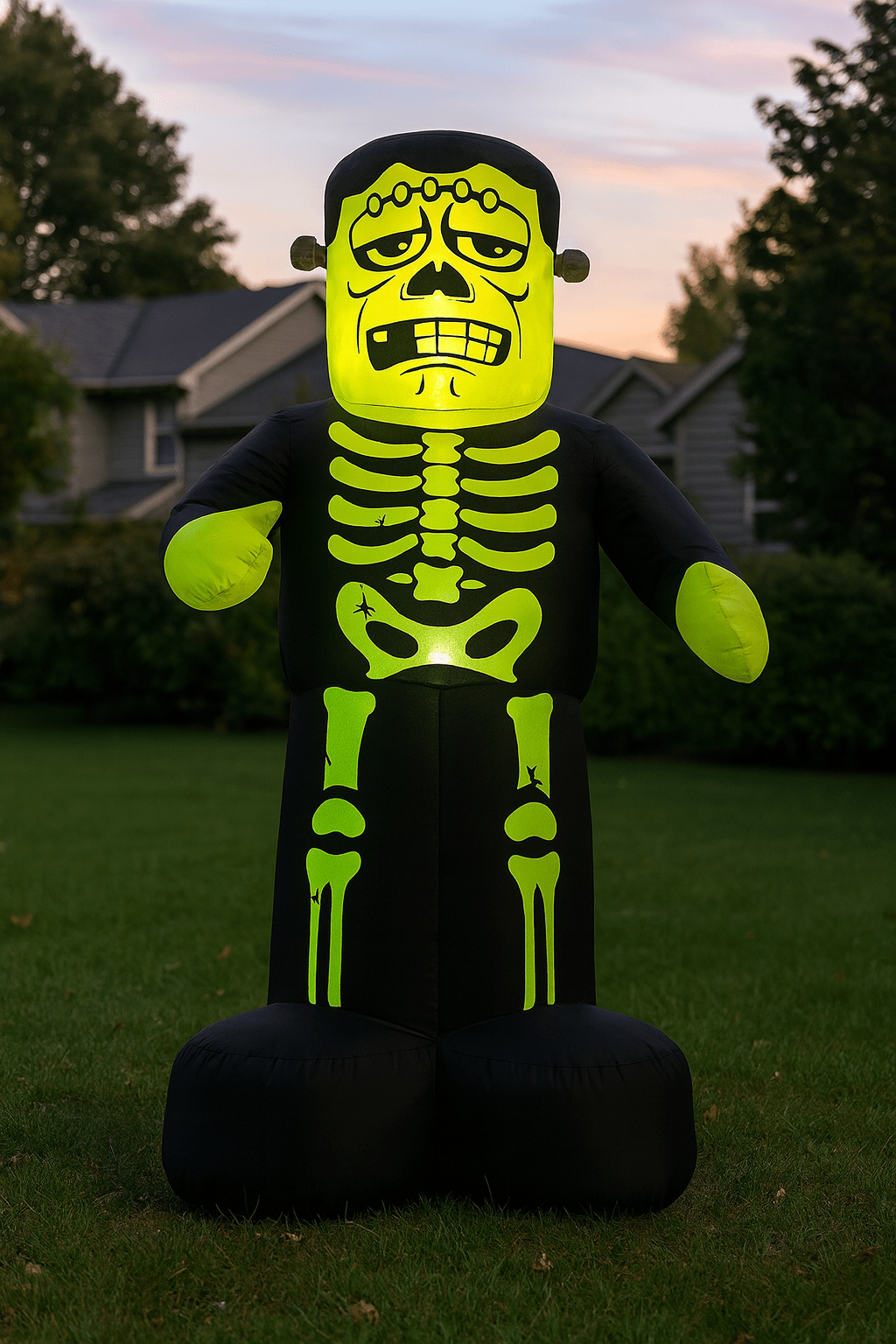 Neon green skeleton inflatable standing on a suburban lawn at dusk