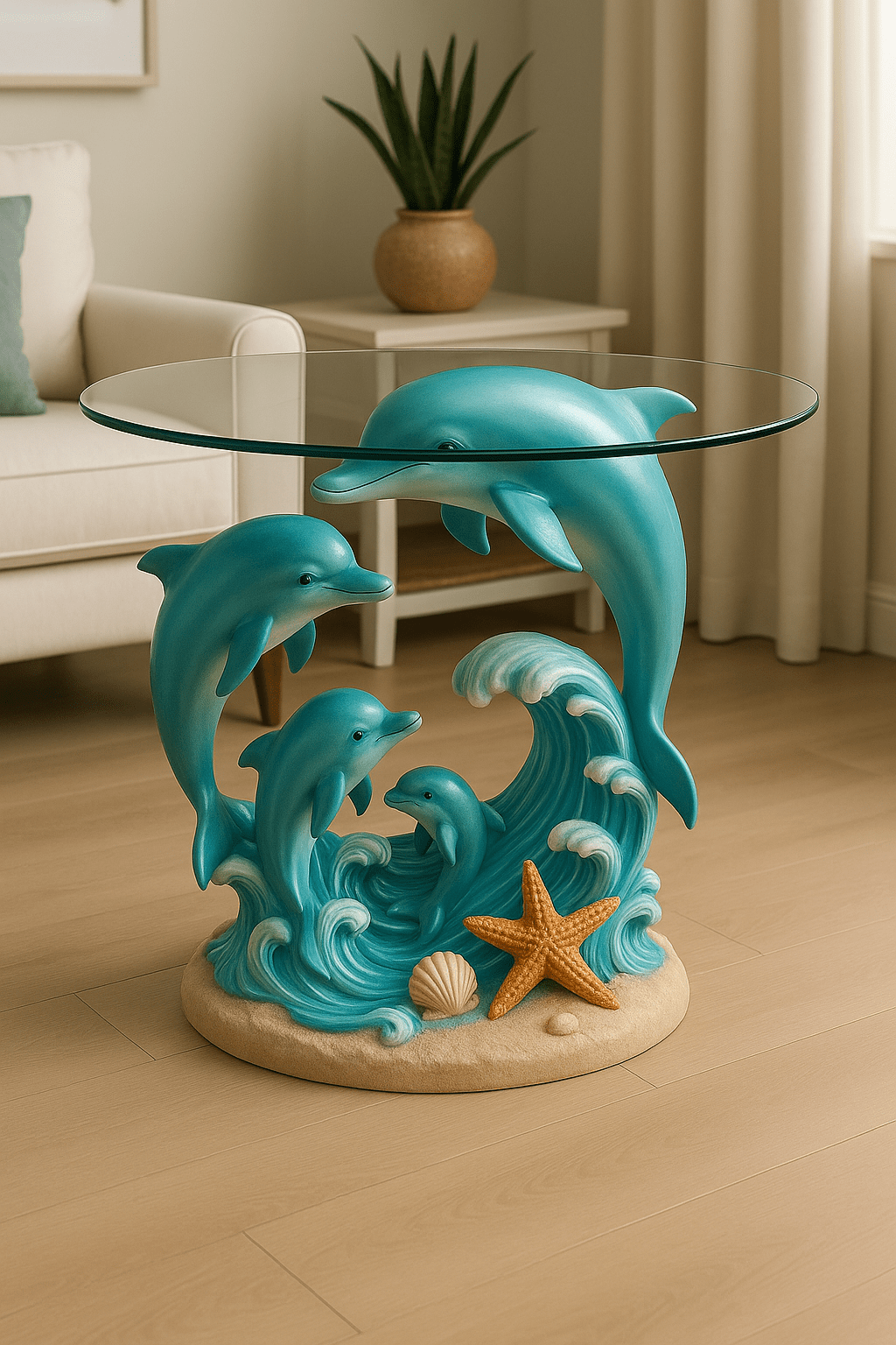 Elegant glass-top table supported by sculpted dolphins leaping through turquoise ocean waves with starfish and shells.