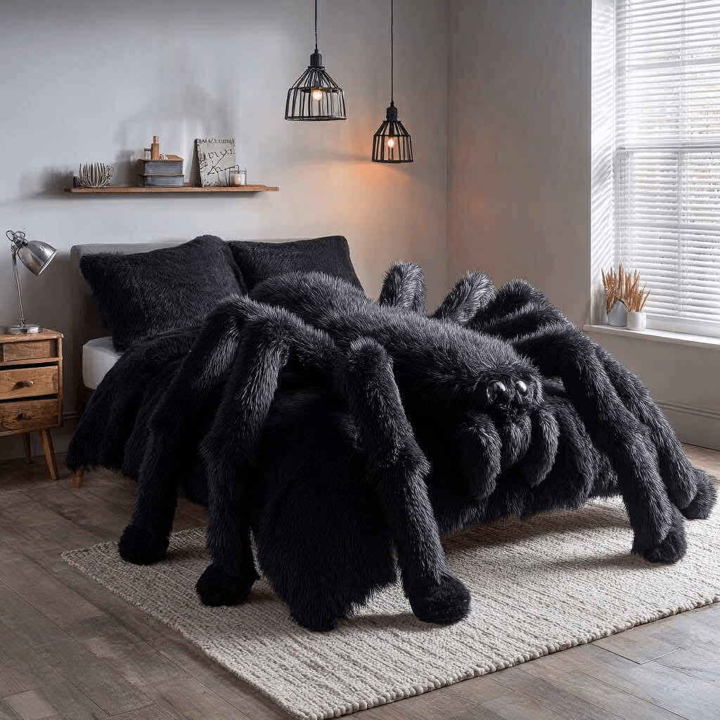 Black faux-fur spider bed with realistic legs in a modern grey bedroom