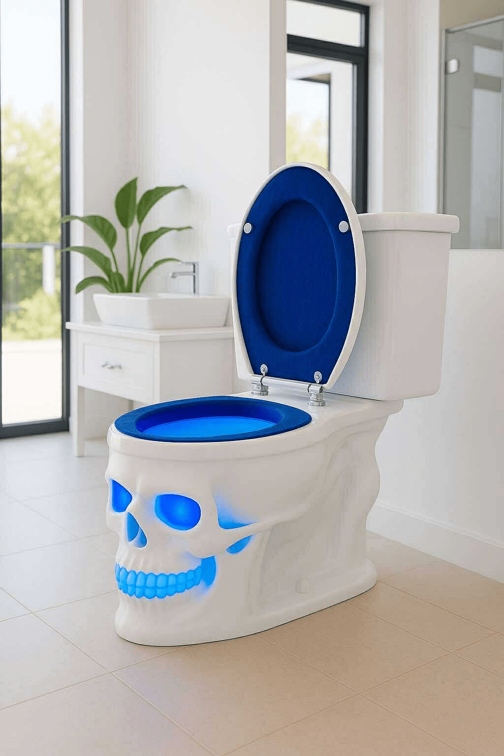 A sleek white skull toilet featuring glowing blue LED details in a contemporary bathroom.