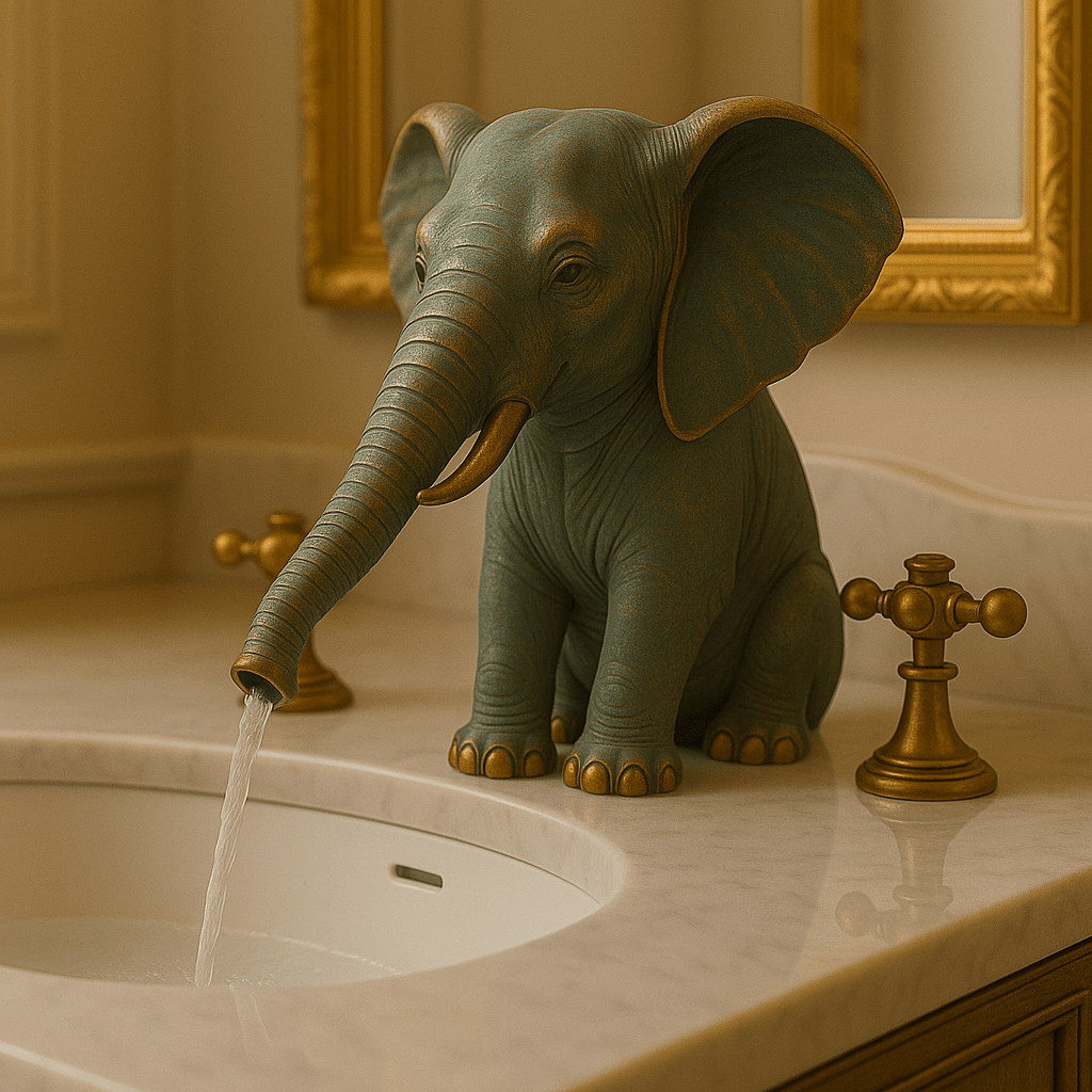 A teal elephant faucet with subtle gold detailing and water streaming from its trunk in a classic bathroom setting.