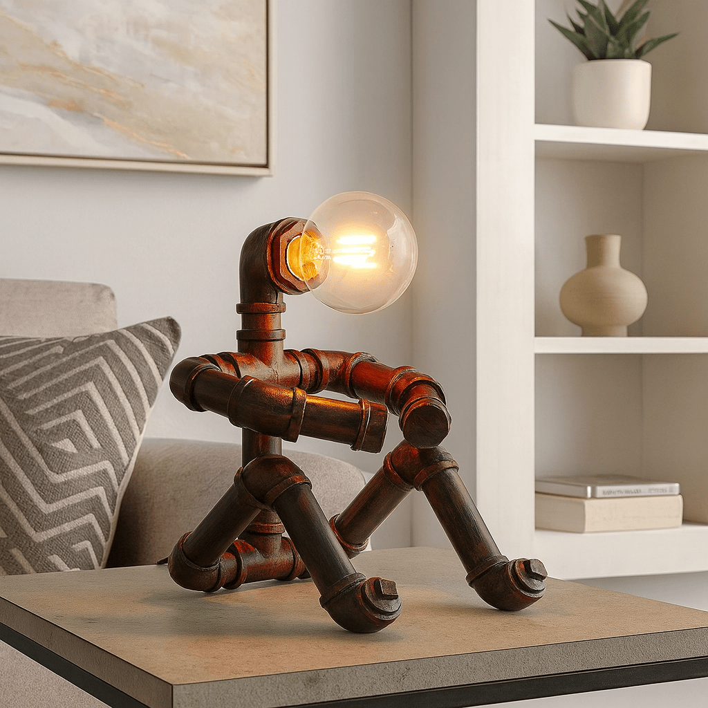 Industrial pipe lamp designed as a relaxed humanoid figure sitting on a table, lit by a warm bulb.