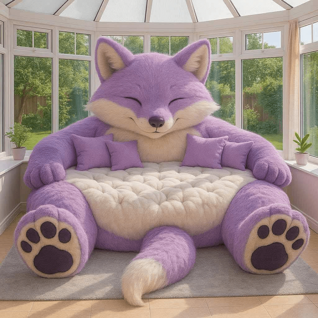 Plush purple fox-shaped sofa with cream seating and cushions in a sunlit space