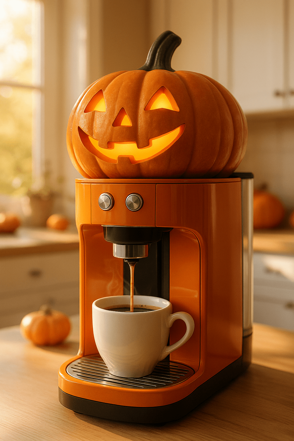An orange pumpkin coffee machine brewing coffee with a smiling jack-o’-lantern design.