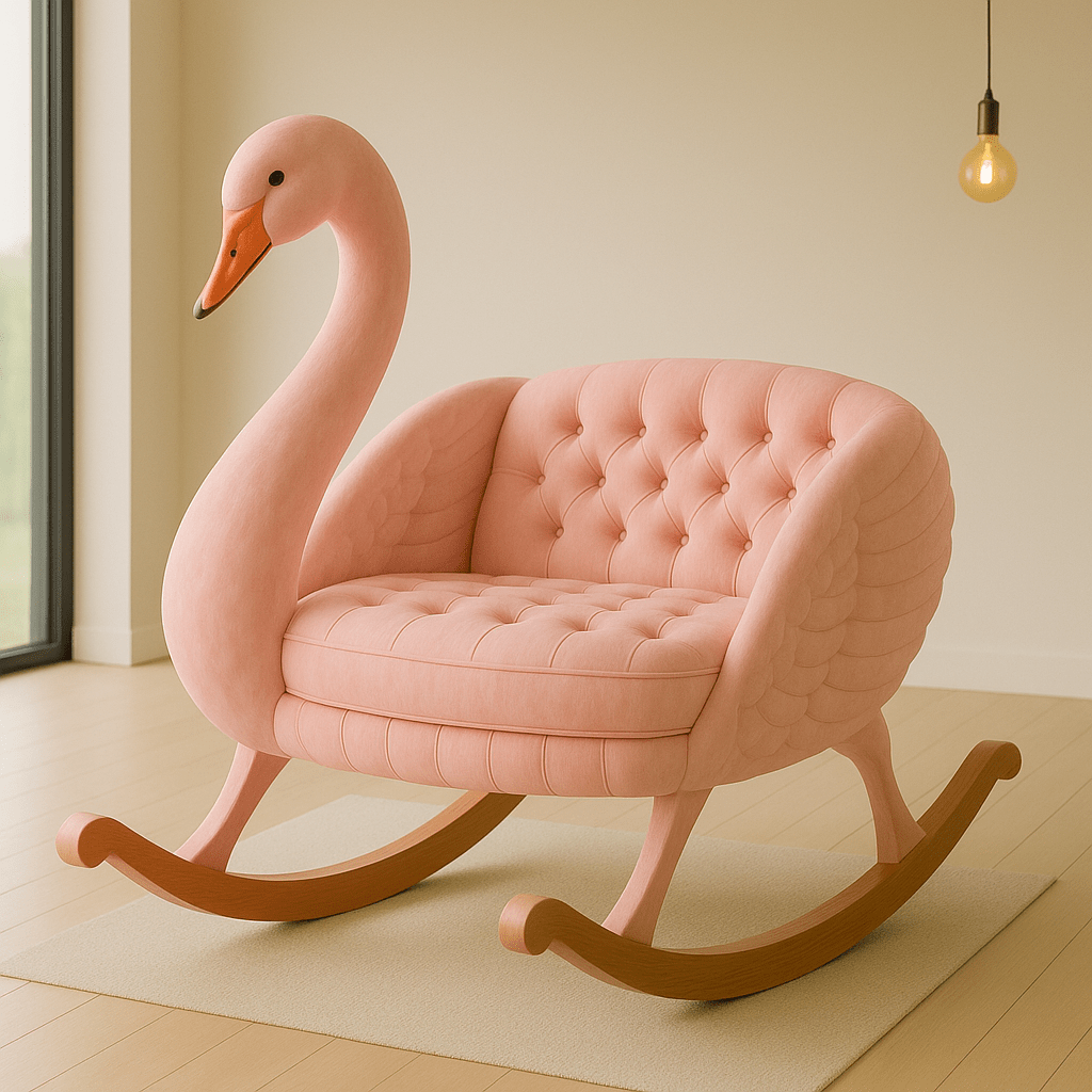 Blush pink rocking chair with plush tufted detailing and natural wood legs