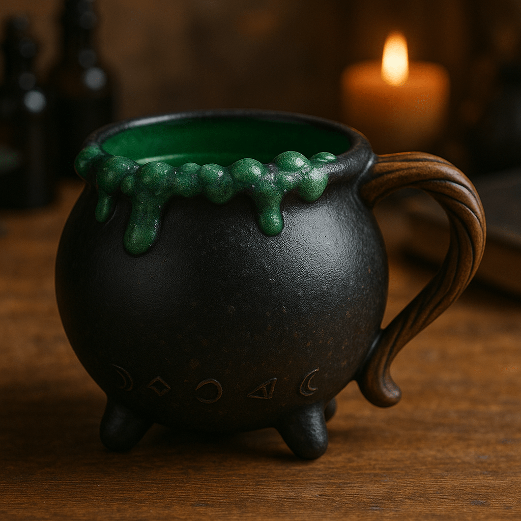 Black cauldron with bubbling green rim and moon phase carvings