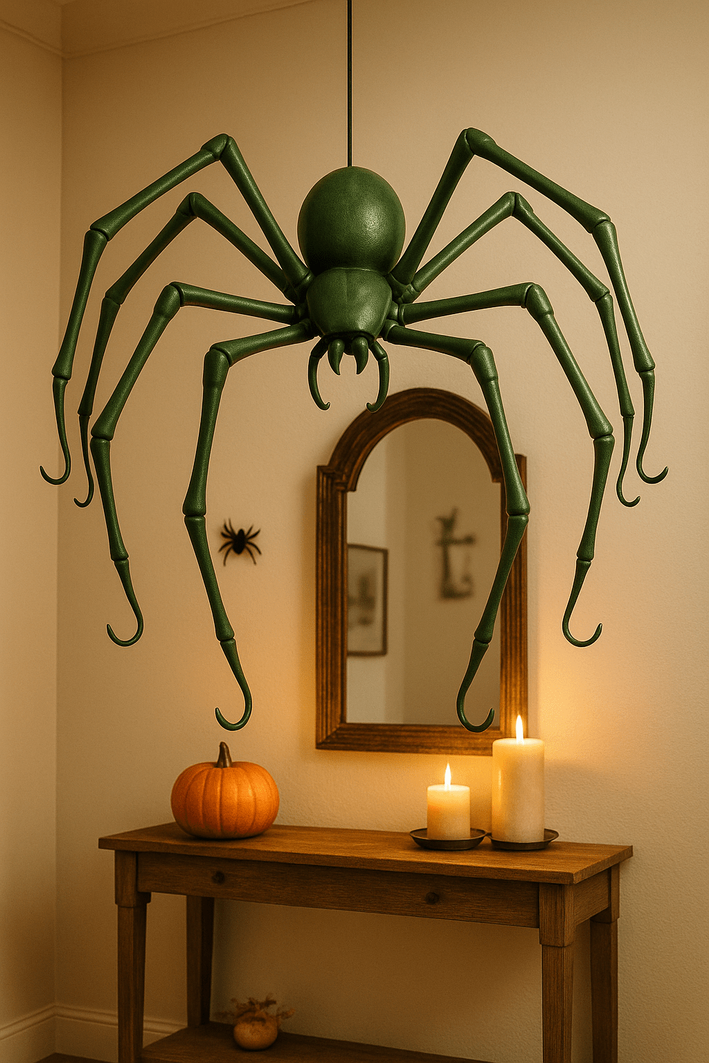 Oversized green spider coat rack hanging above wooden console with candles and pumpkin.