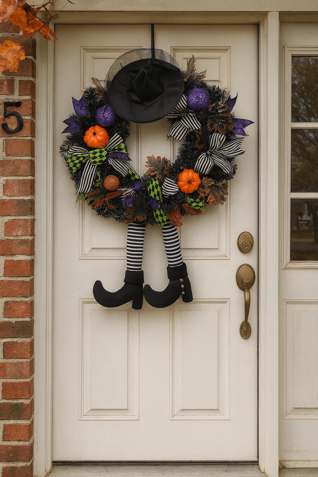 Fun Halloween wreath featuring a witch’s hat and dangling striped legs with pumpkins and ribbons.