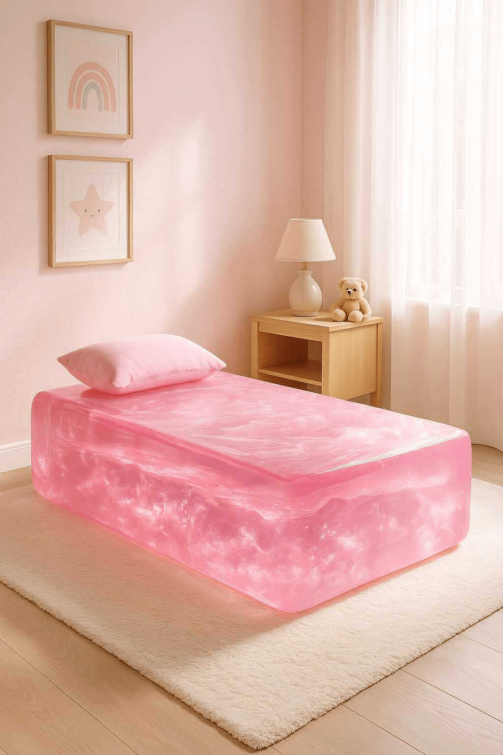 Soft pink jelly bed in a pastel bedroom with star and rainbow wall art and plush décor.