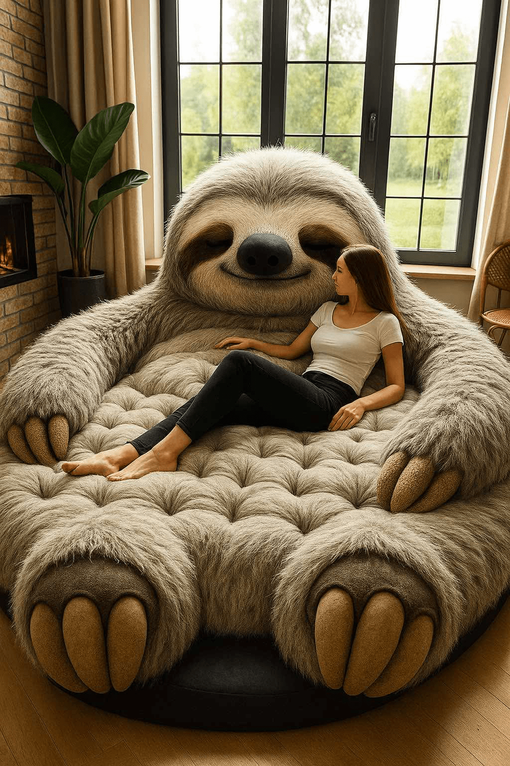 Large brown sloth-shaped chair with realistic detailing, featuring a woman relaxing on its cushioned seat.