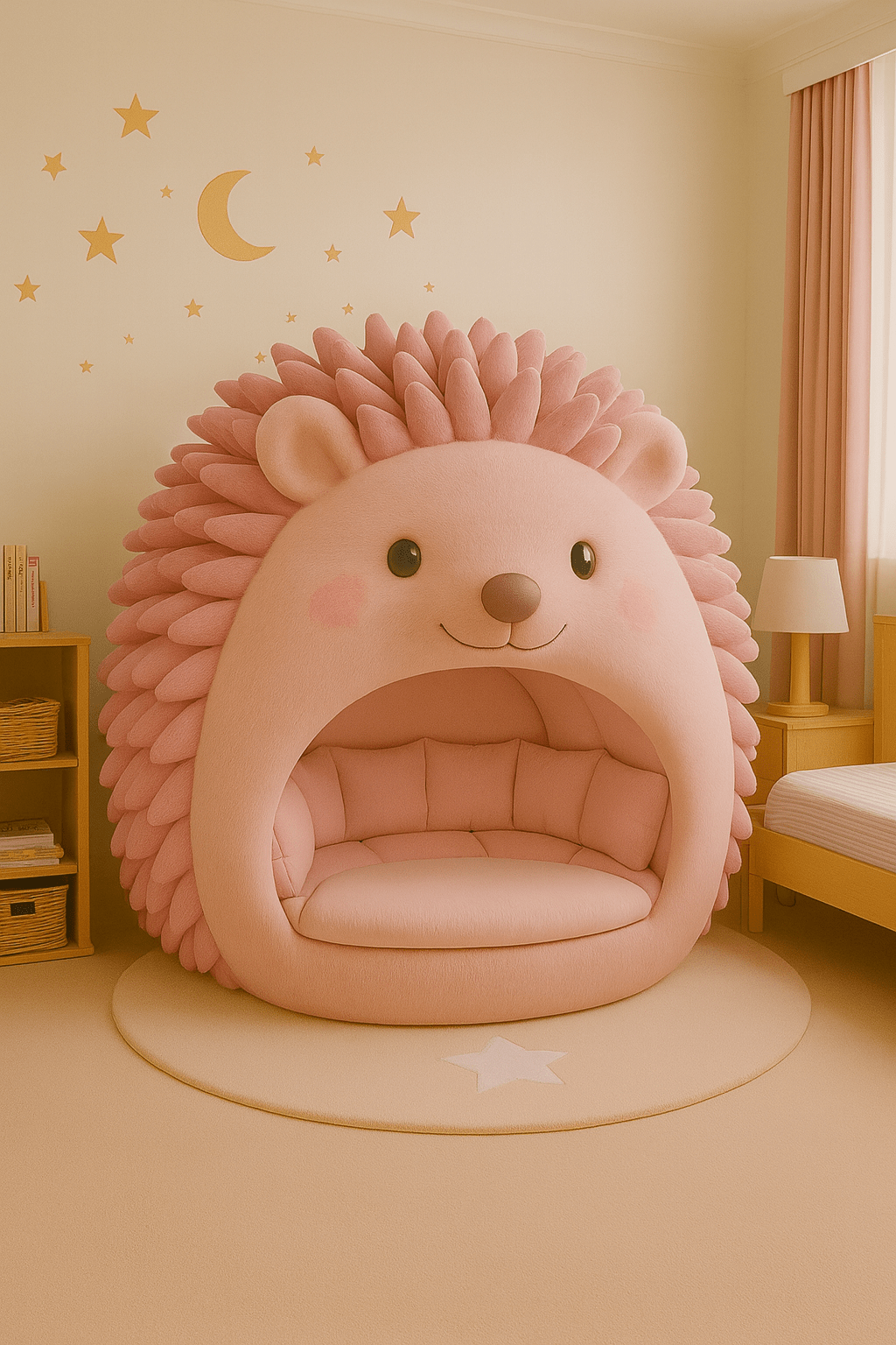 Pink hedgehog with smiling face and matching pastel decor in a child’s room