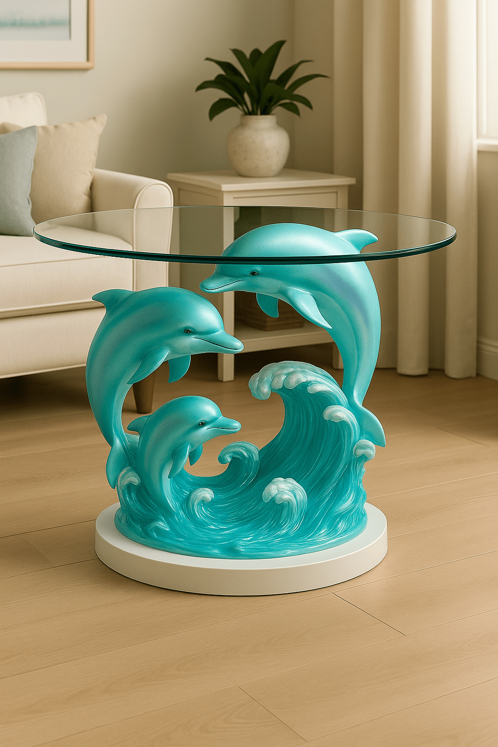 Artistic round table with two dolphins swimming in a glowing underwater reef scene, surrounded by coral and aquatic plants.