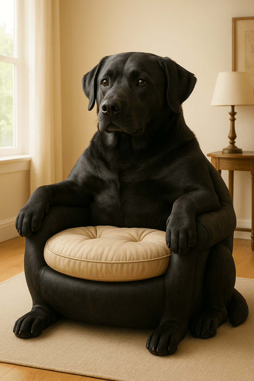 Elegant black Labrador-shaped armchair with cushioned seat in a cosy neutral-toned home