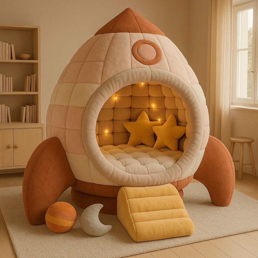 Peach and terracotta rocket ship bed with moon and planet plush toys and soft glowing interior lights.