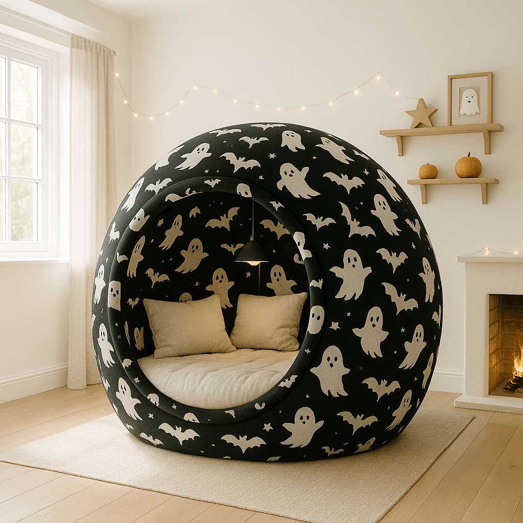 Black Halloween dome sofa decorated with white ghosts and bats in a softly lit room.