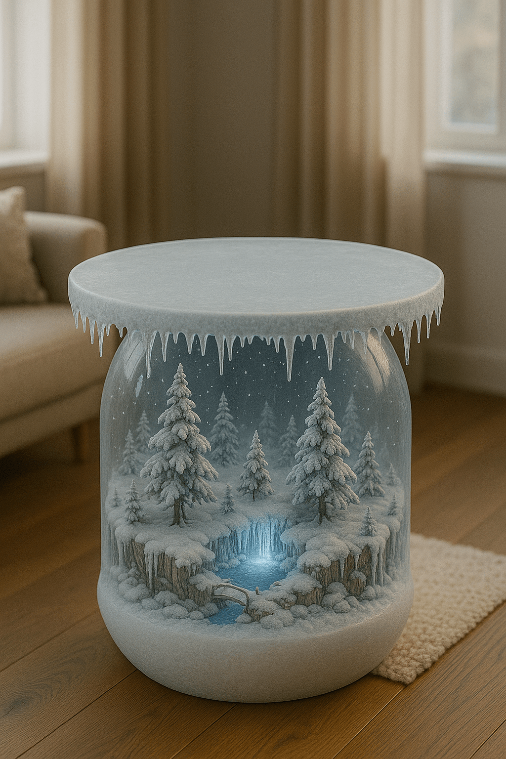 Winter forest-inspired table with icicle details around the rim and a glowing blue pool in a snowy woodland scene.