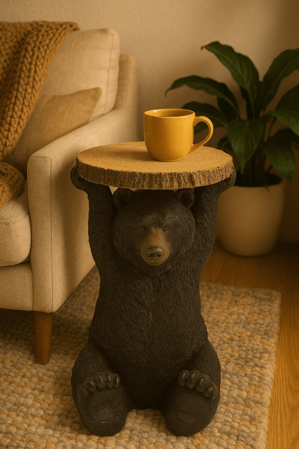 Black bear side table holding a round wooden tabletop beside a beige sofa
