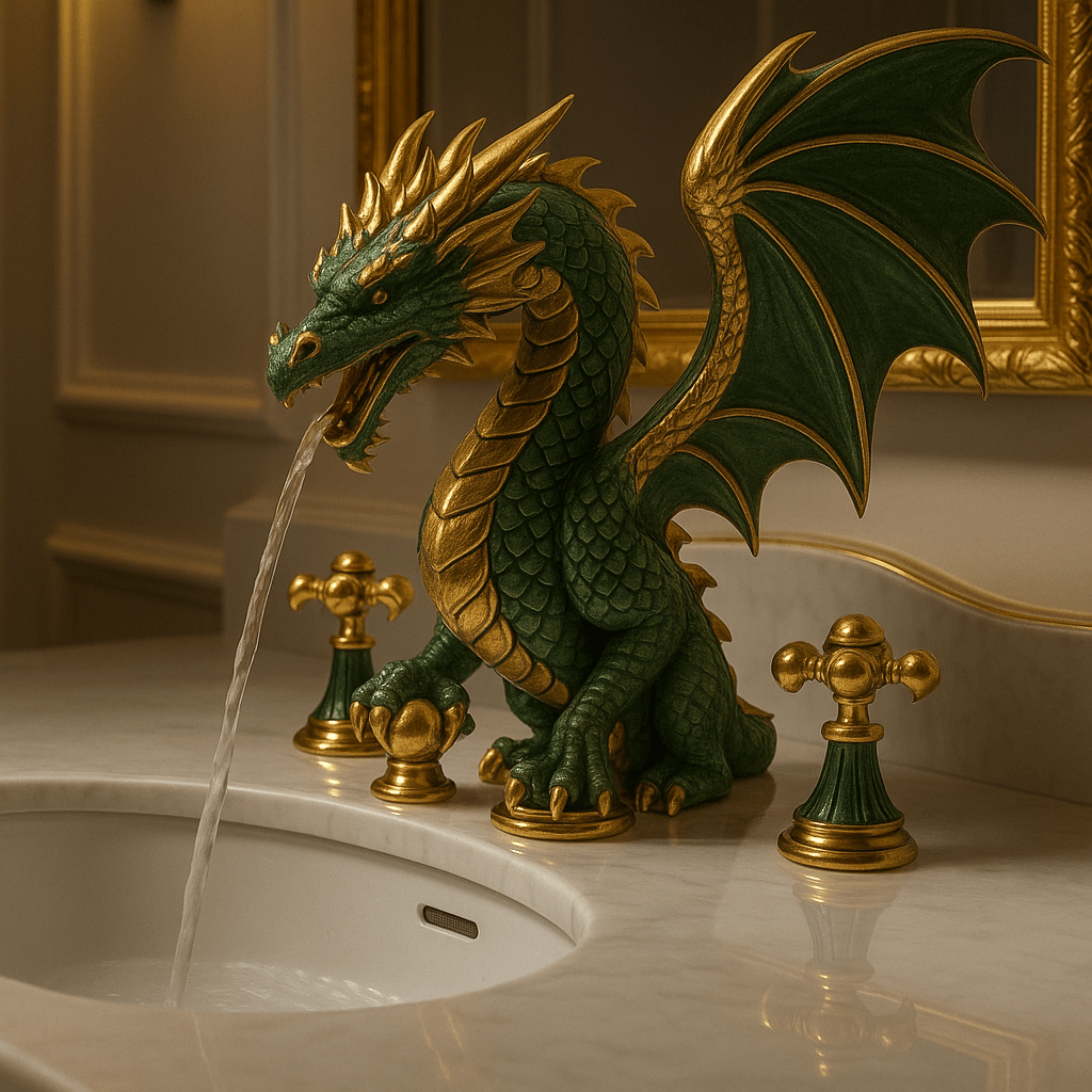 Vibrant green dragon faucet with gold-tipped wings in luxury bathroom setting