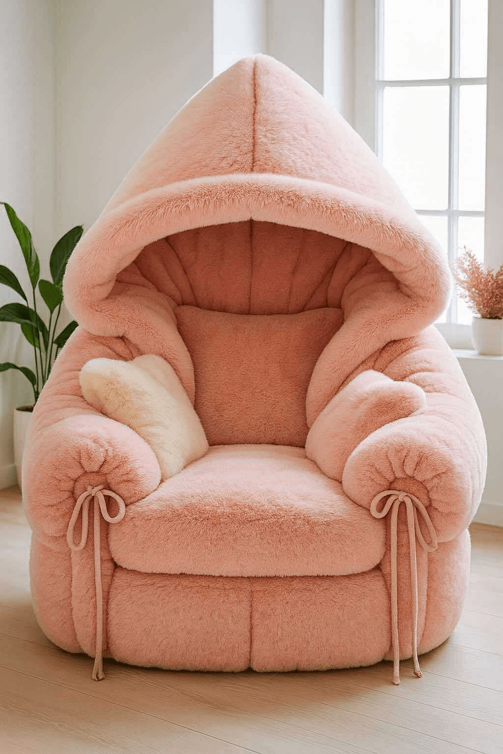 Peach hooded armchair with cream cushion in a sunlit room with plants.