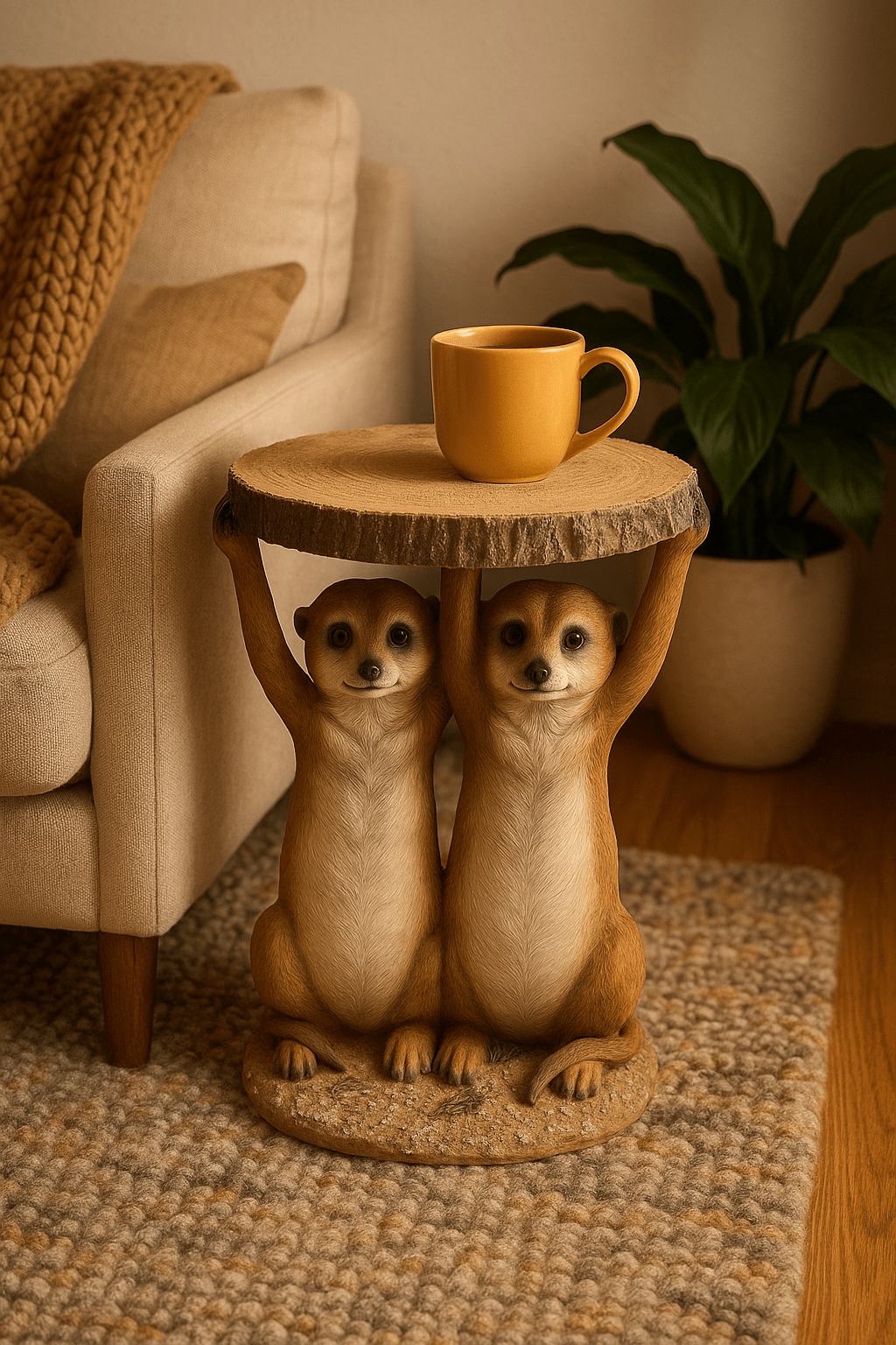 Two meerkats supporting a wooden tabletop in a cosy living room