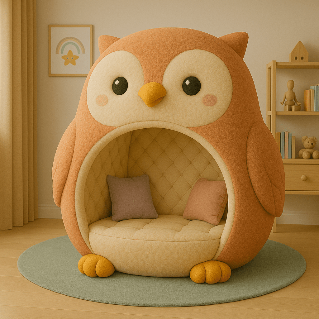 Cosy orange and cream owl reading pod with quilted interior and plush cushions in a modern playroom.