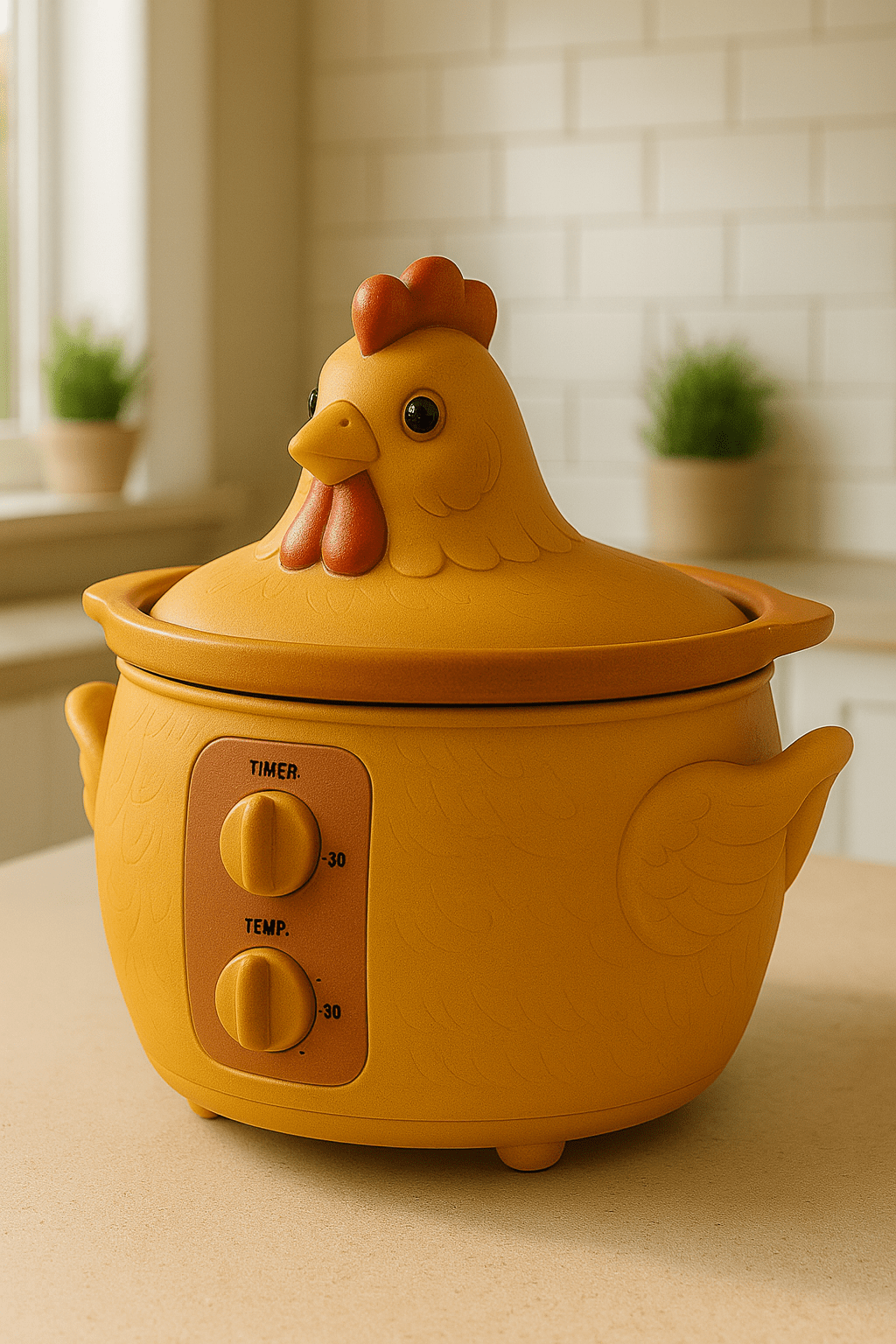 Yellow chicken-shaped slow cooker with orange accents, featuring temperature and timer knobs on a beige countertop.